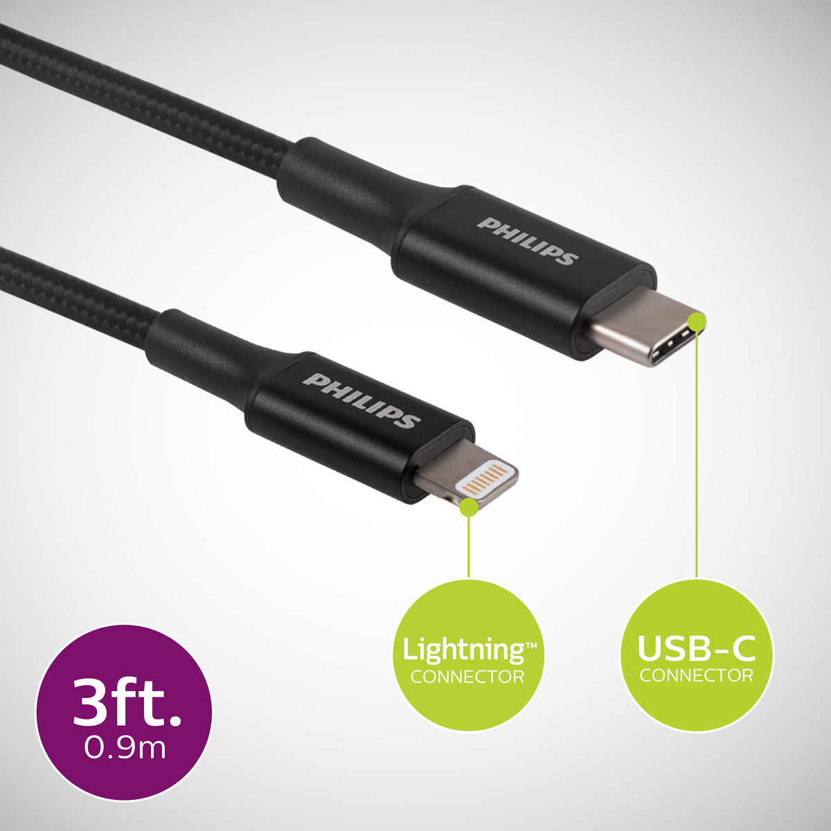 Philips 3ft. USB-C to Lightning Braided Charging Cable, Black