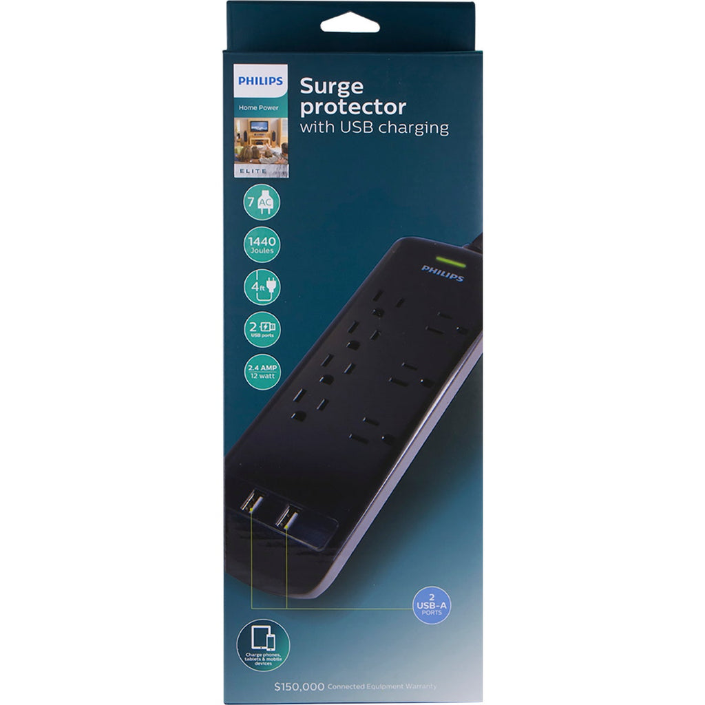Philips 7-Outlet 2-USB 4ft. Surge Protector, Black