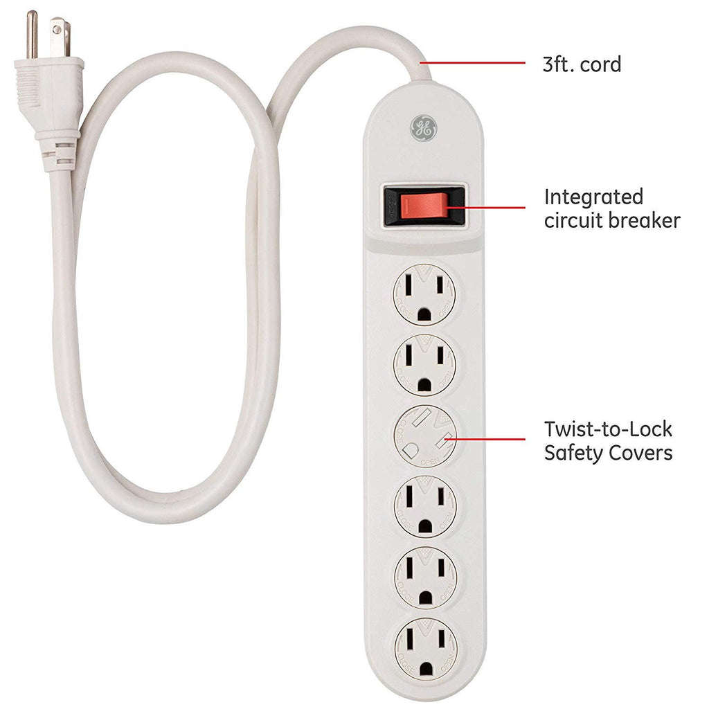 GE 6-Outlet 3ft. Power Strip with Twist-to-Close Safety Covers, White