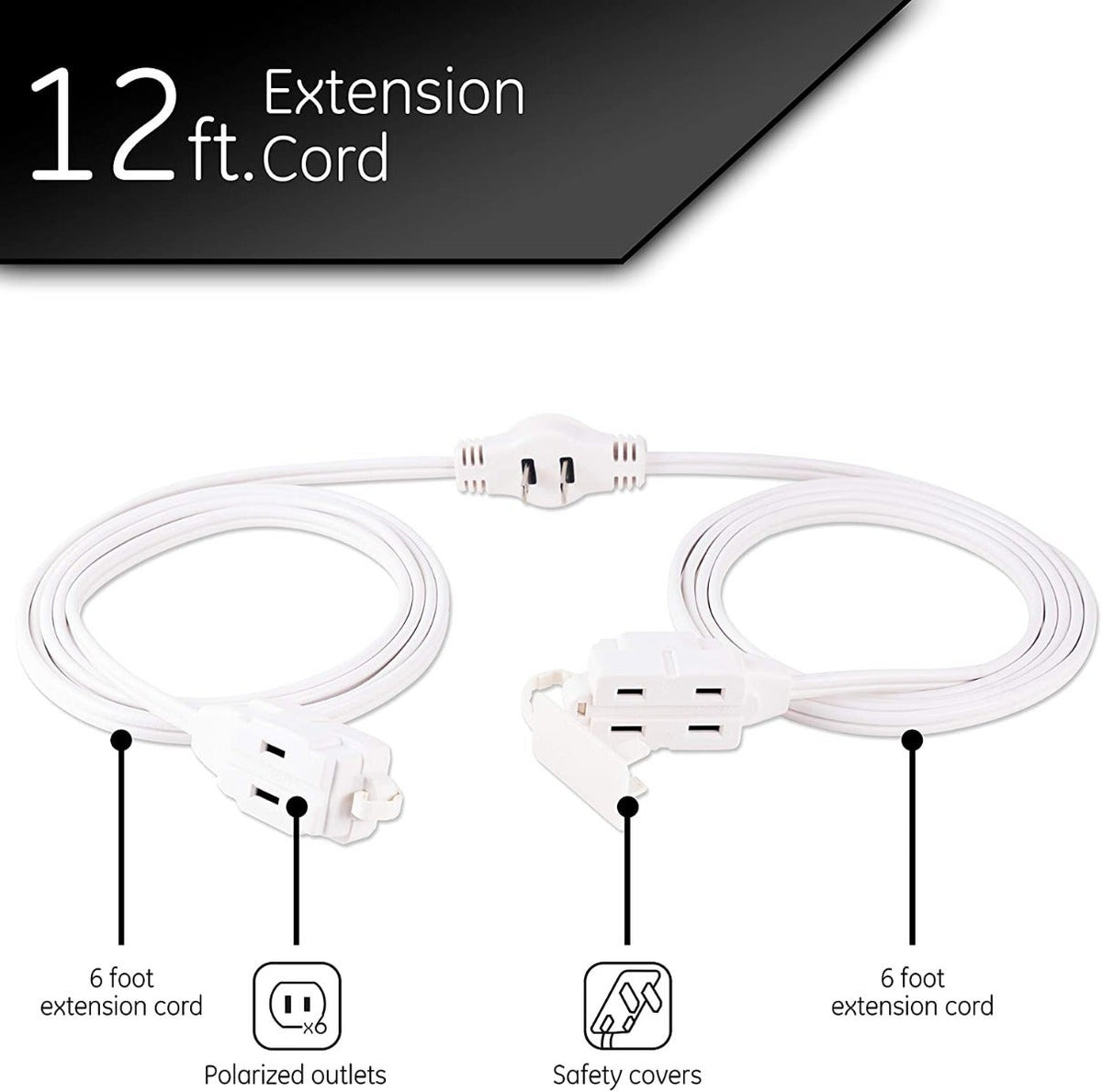 GE 3-Outlet 6ft. Polarized Dual Split Extension Cord, White