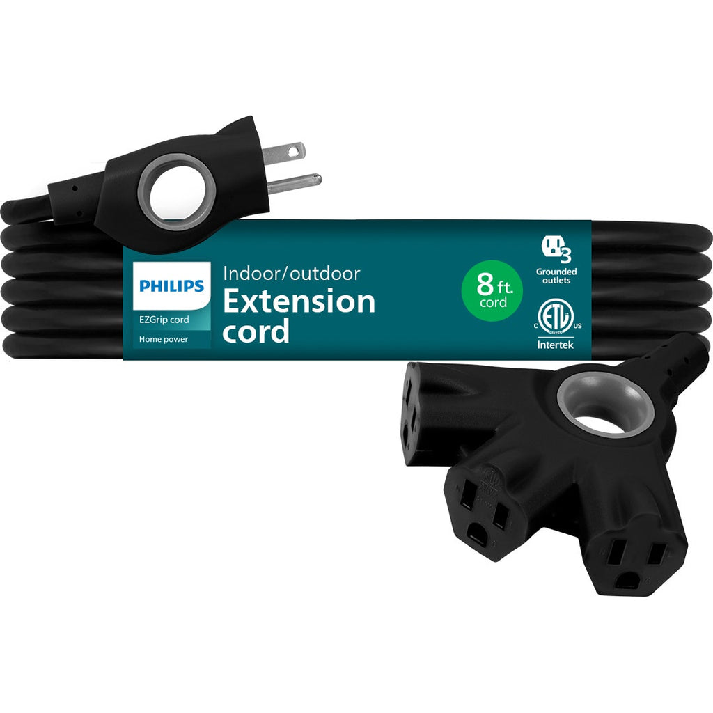 Philips EZGrip™ 3-Outlet 8ft. Indoor/Outdoor Extension Cord, Black