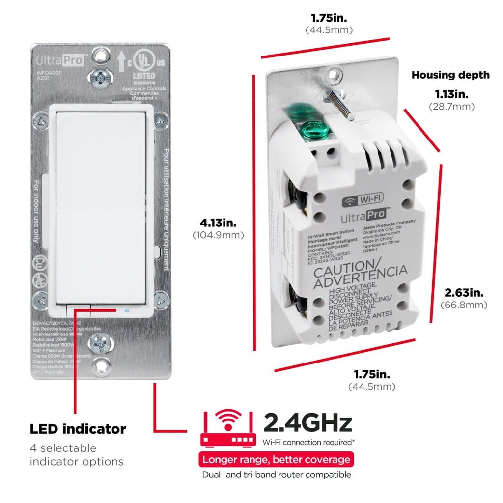 UltraPro WiFi In-Wall Smart Dimmer With QuickFit™ And SimpleWire™, 2 Pack, White