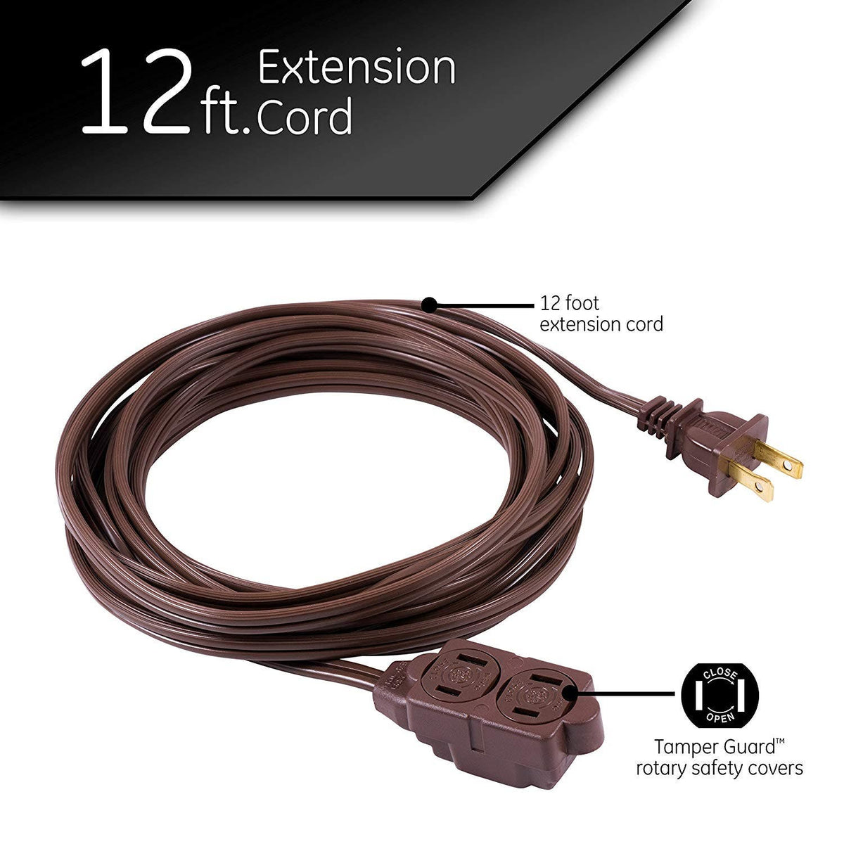 GE 3-Outlet 12ft. Extension Cord with Twist-to-Close Outlets, Brown