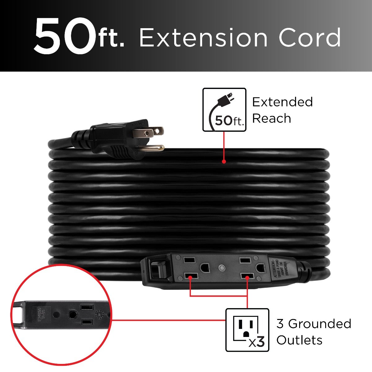 UltraPro 3-Outlet 50ft. Heavy Duty Indoor/Outdoor Extension Cord, Black