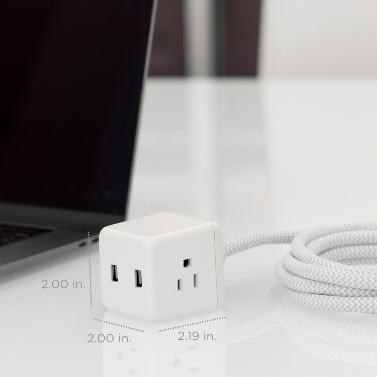 Cordinate 3-Outlet 2-USB 5ft. Braided Extension Cord Cube, White