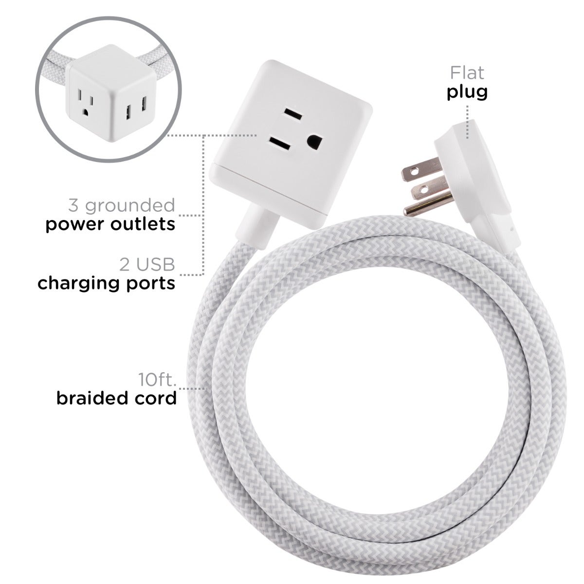 Cordinate 3-Outlet 2-USB 10ft. Braided Extension Cord Cube, White
