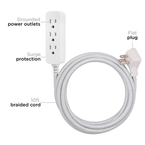 Cordinate 10ft. 3-Outlet Extension Cord, Gray/White