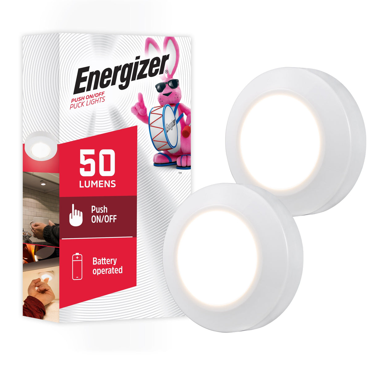 Energizer Push On/Off Puck Lights, 2 Pack, White