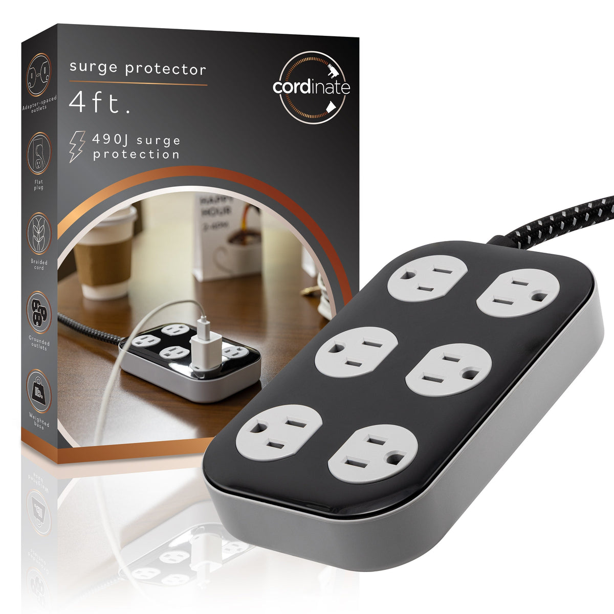Cordinate ADAPT 6-Outlet 4ft. Braided Extension Cord with Surge Protection, Black/Gray