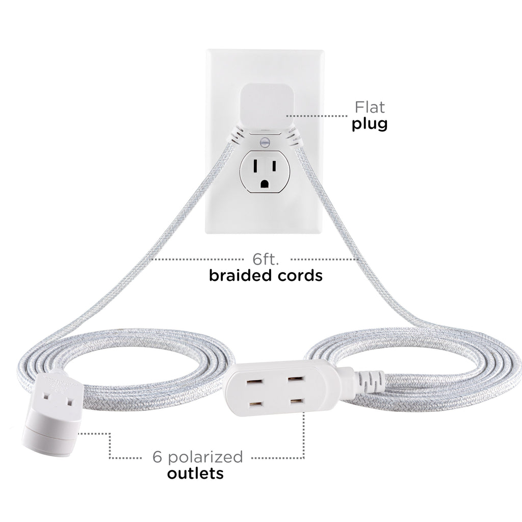 Cordinate 3-Outlet 12ft. Dual Split Extension Cord Braided, Indoor, White