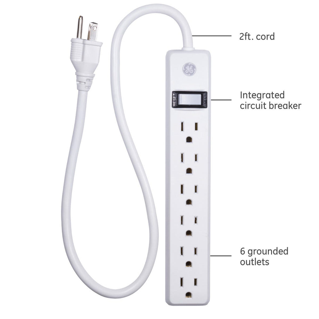 GE 6-Outlet 2ft. Power Strip, 2 Pack, White