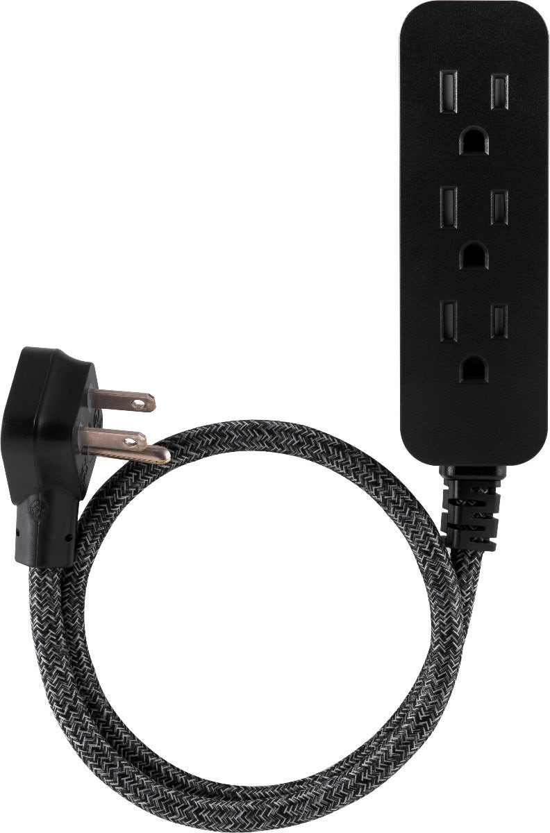 Cordinate 3-Outlet 2ft. Braided Extension Cord with Flat Plug, Black/Gray