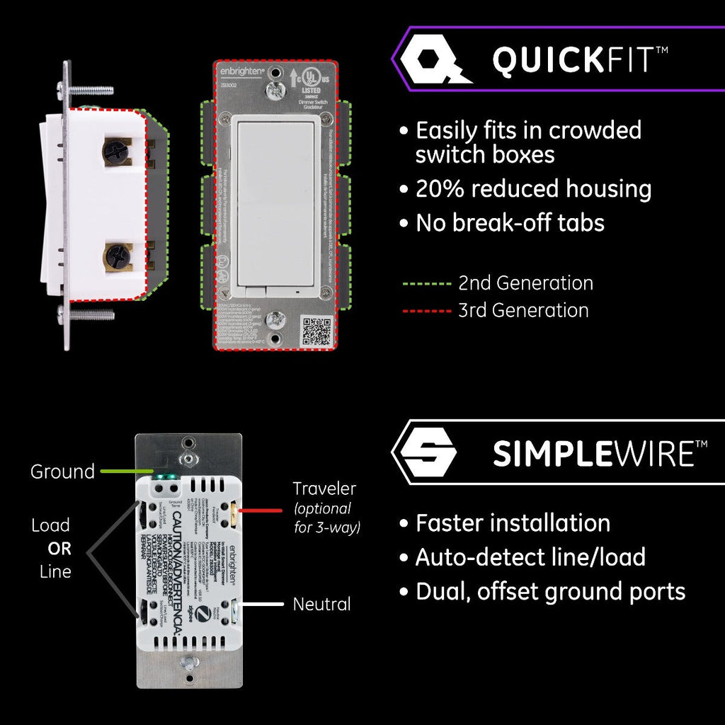 Enbrighten Zigbee In-Wall Smart Dimmer with QuickFit™ and SimpleWire™, White/Almond
