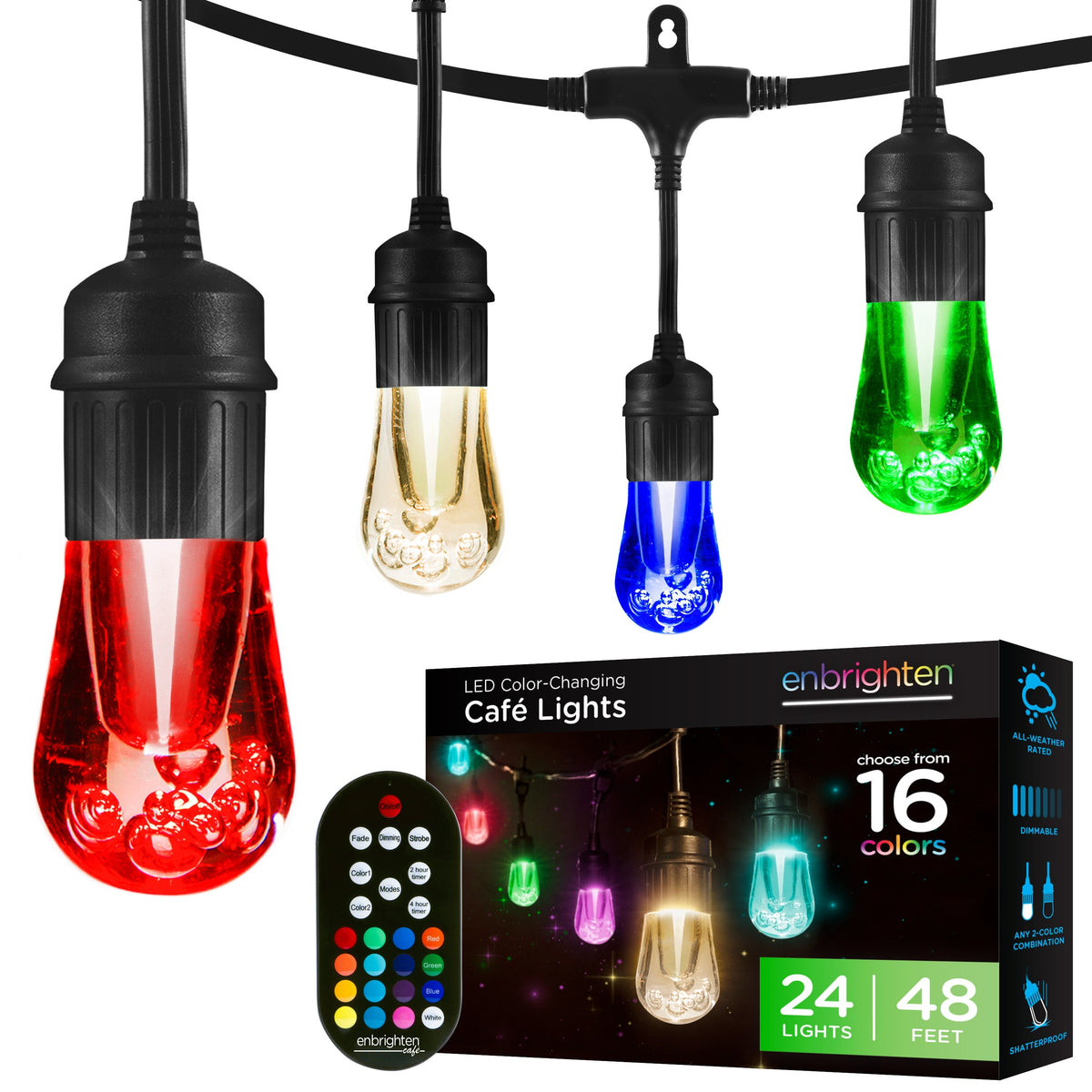 Enbrighten Seasons Color-Changing Vintage LED Cafe Lights, 24 Bulbs, 48ft. Black Cord