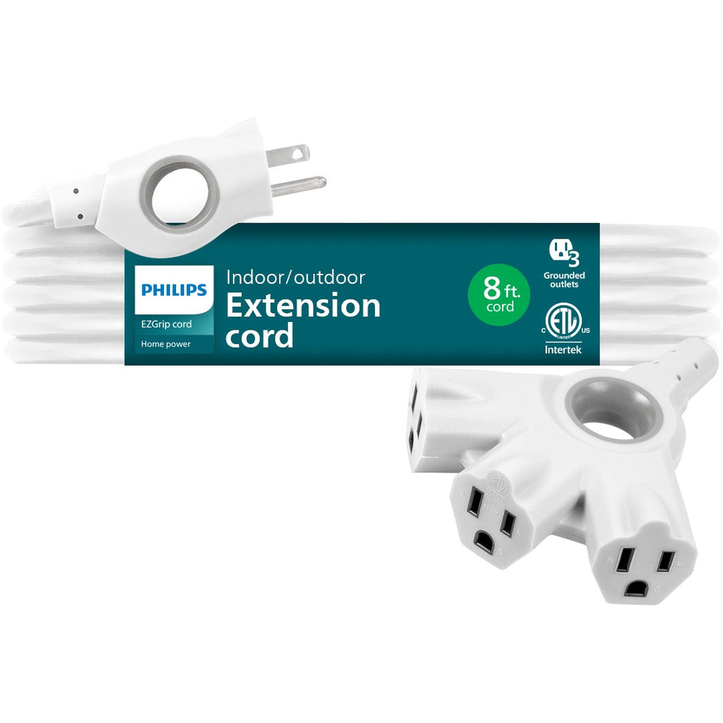 Philips EZGrip 3-Outlet 8ft. Indoor/Outdoor Extension Cord, White