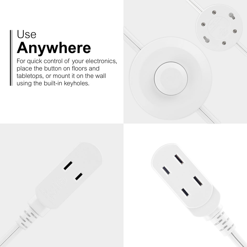 GE 3-Outlet Polarized Extension Cord, Indoor, Foot Switch, 16AWG, 9ft., White