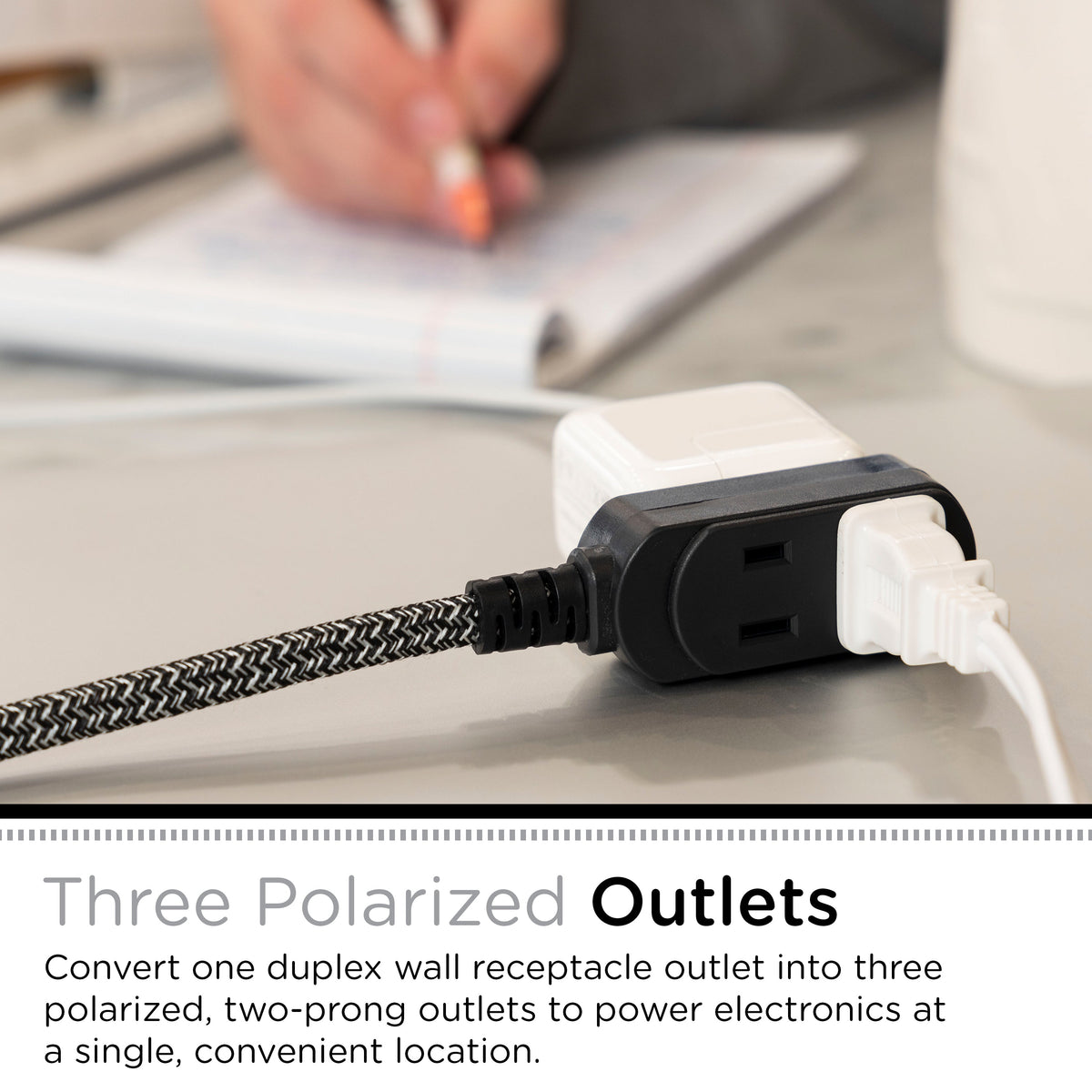 Cordinate 8ft. 3-Outlet Polarized Extension Cord, Black/Gray Heather, Braided Cord