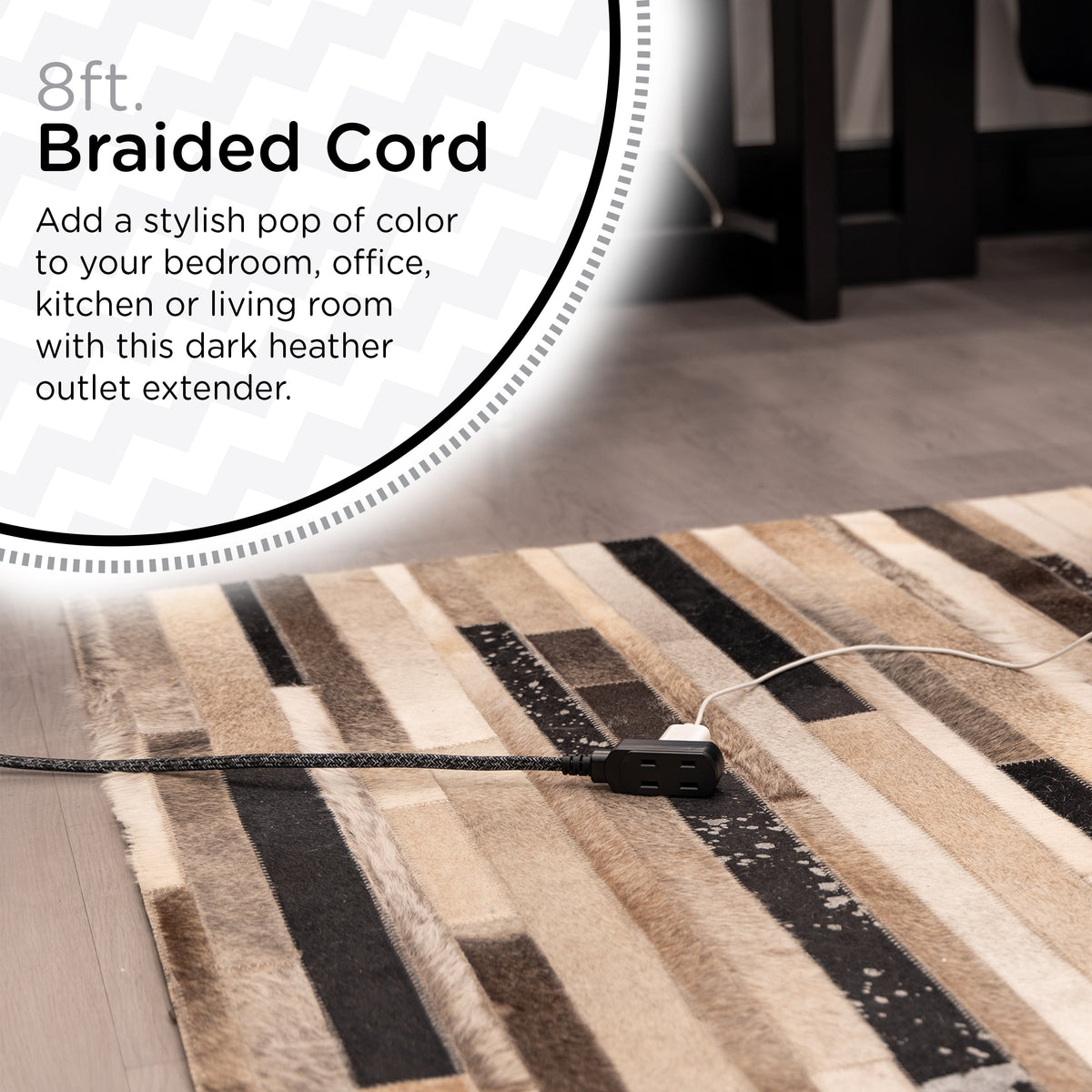 Cordinate 8ft. 3-Outlet Polarized Extension Cord, Black/Gray Heather, Braided Cord