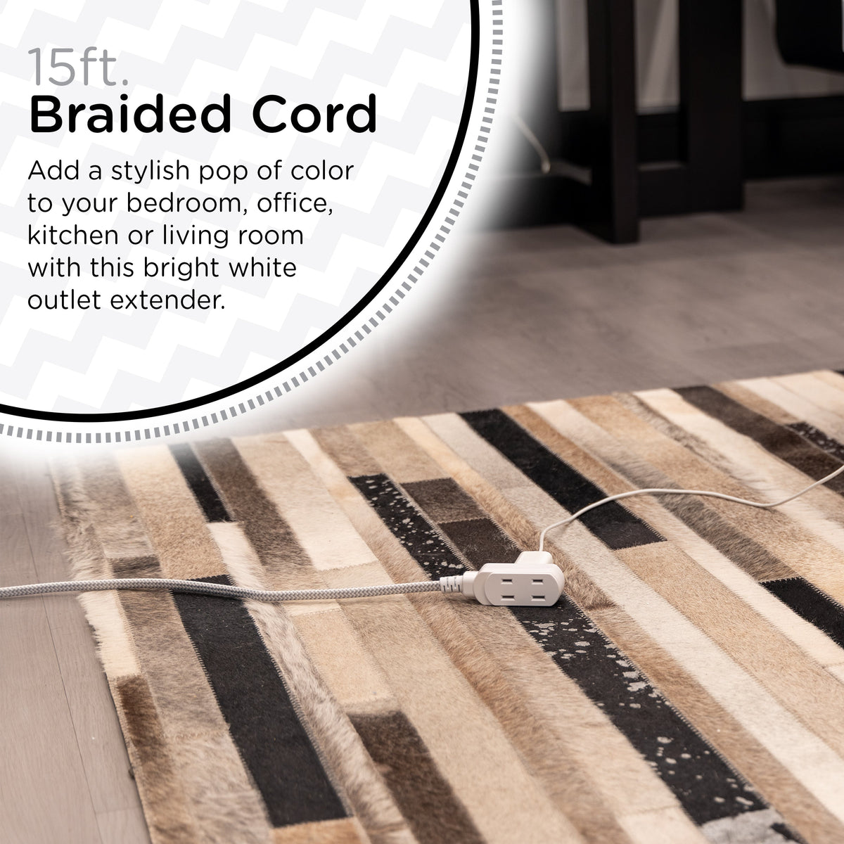 Cordinate 15ft. 3-Outlet Polarized Extension Cord, White/Gray, Braided Cord