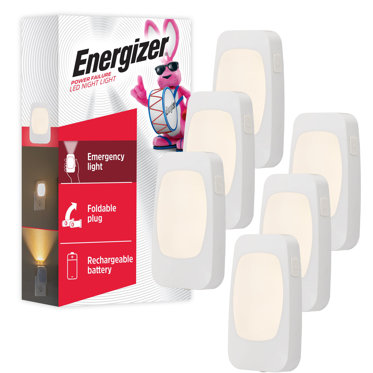 Energizer 4-in-1 Rechargeable Power Failure Light Sensing LED Night Light, White, 6 Pack