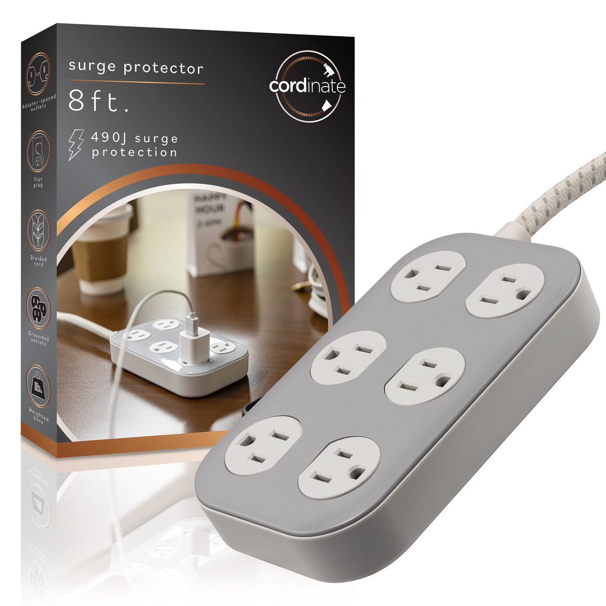 Cordinate ADAPT 6-Outlet 8ft. Braided Extension Cord With Surge Protection, Cream/Gray