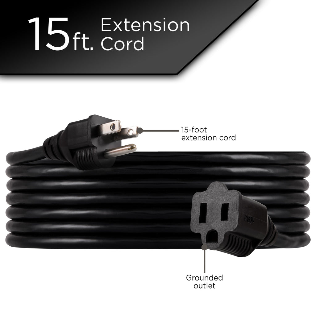GE 1-Outlet Grounded Extension Cord, 15ft, Black, 2pk