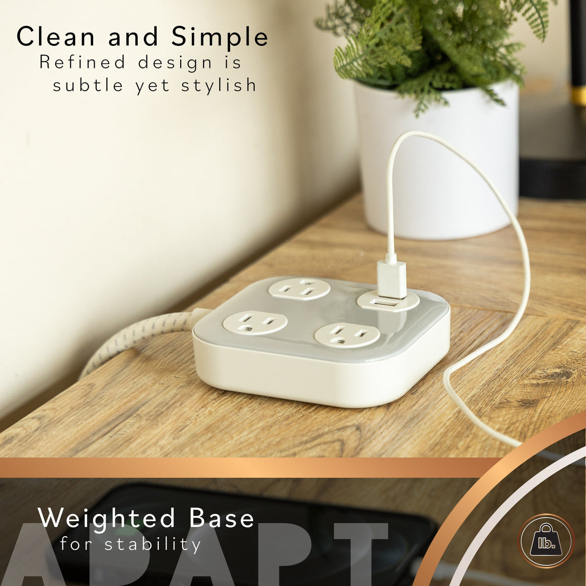 Cordinate ADAPT 3-Outlet, 2-USB 4ft. Braided Extension Cord, Cream/Gray
