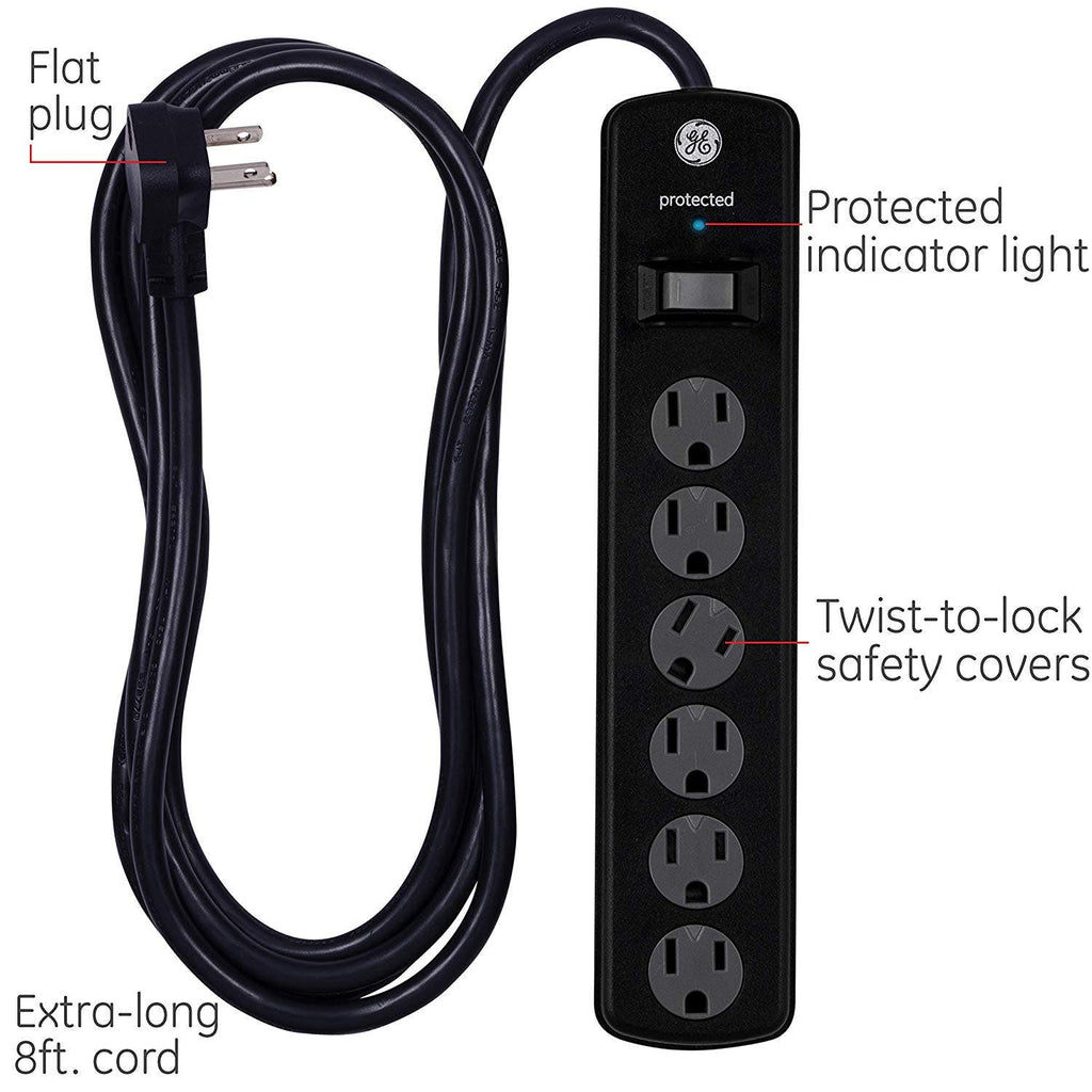 GE 6-Outlet 8ft. Surge Protector with Twist-to-Close Safety Covers, Black