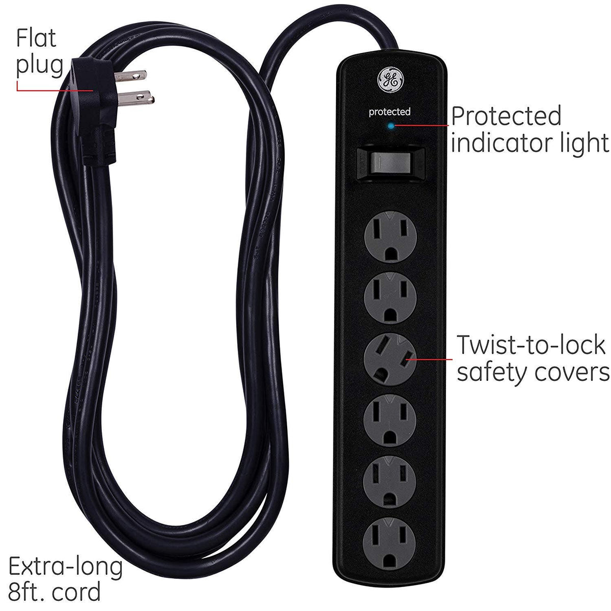 GE 6-Outlet 8ft. Surge Protector with Twist-to-Close Safety Covers, 2 Pack, Black