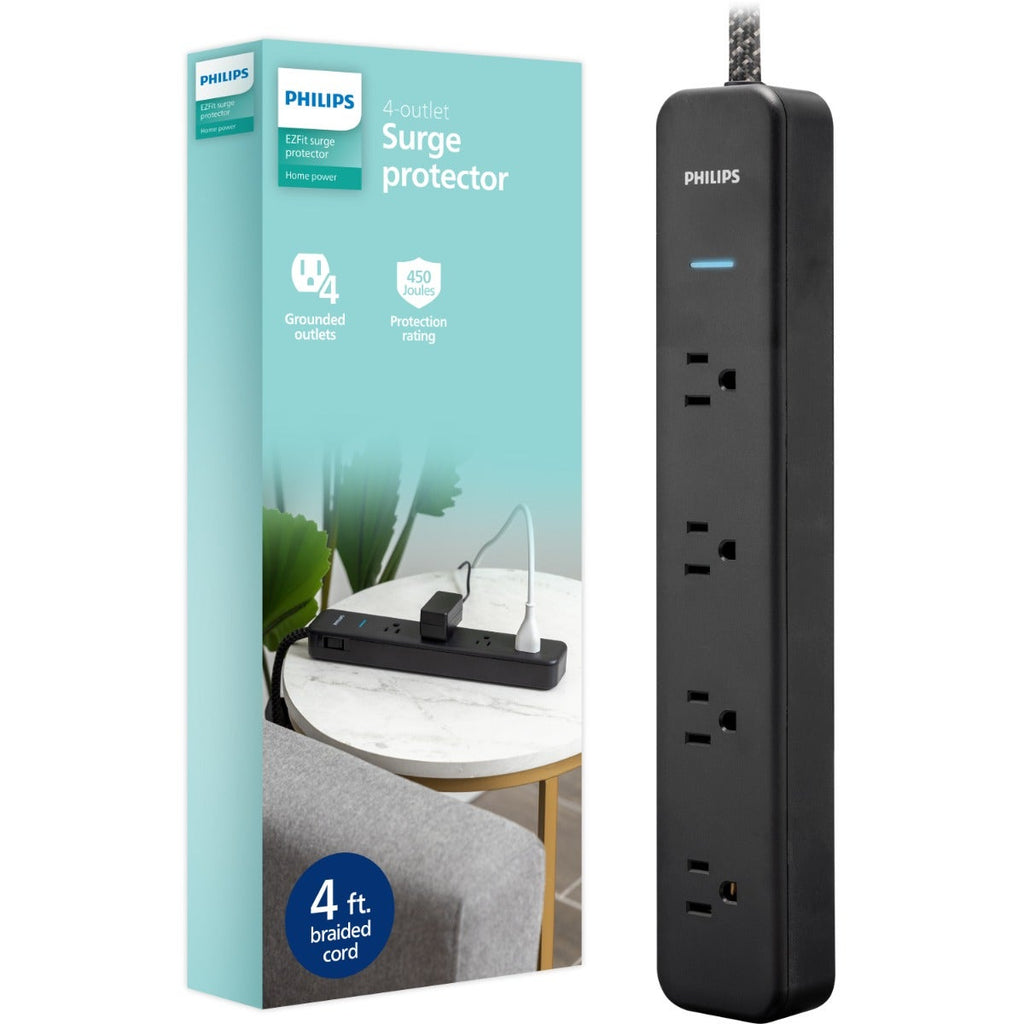 Philips 4-Outlet 4ft. Surge Protector with Adapter-Spaced Outlets, Black
