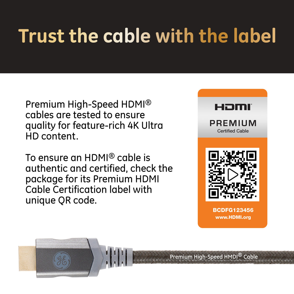 GE-branded UltraPro Premium Certified High-Speed HDMI Cable with Ethernet, 15ft.