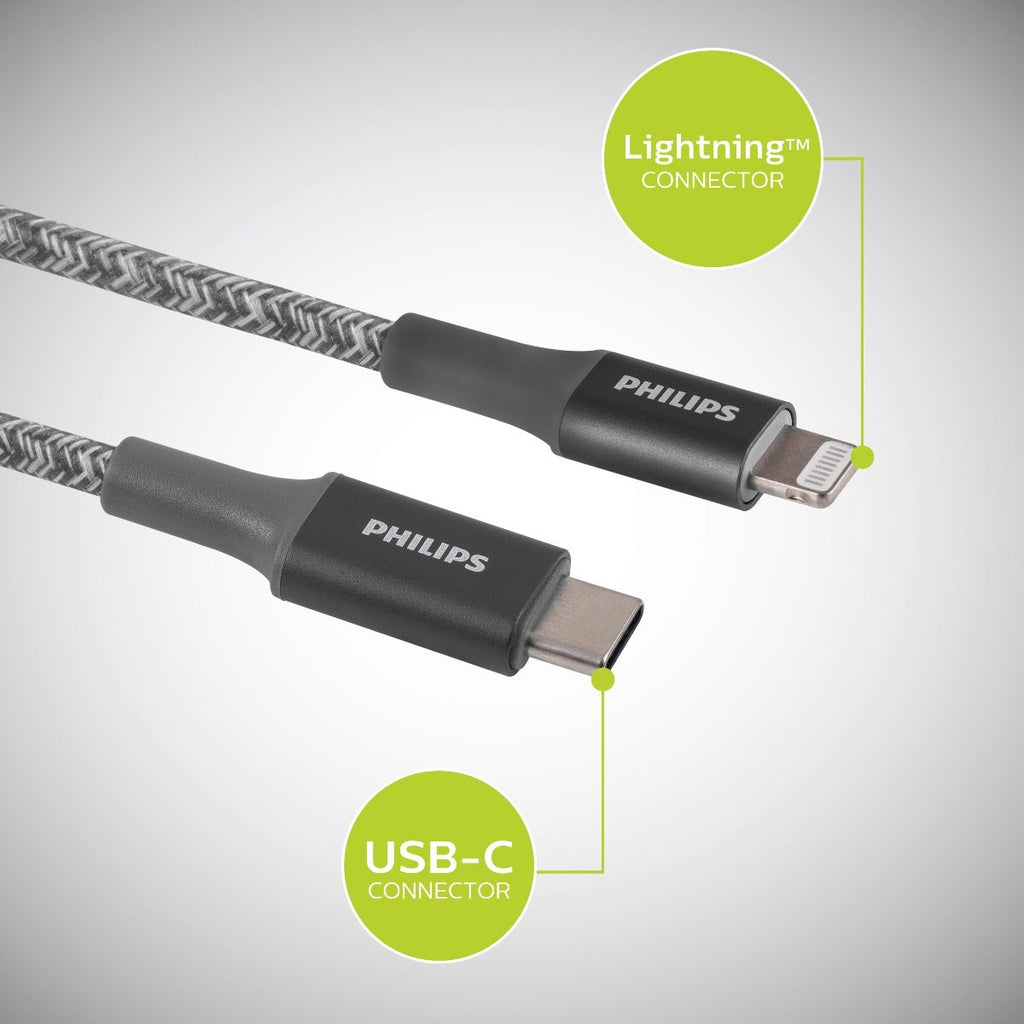 Philips 3ft. USB-C to Lightning Charging Cable with Braided Cord, 2 Pack, Gray