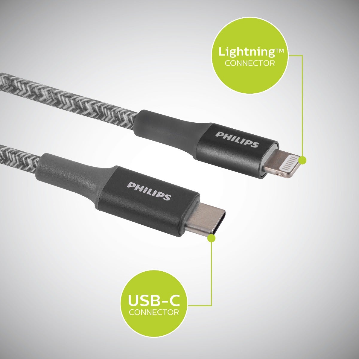 Philips 3ft. USB-C to Lightning Charging Cable with Braided Cord, 2 Pack, Gray