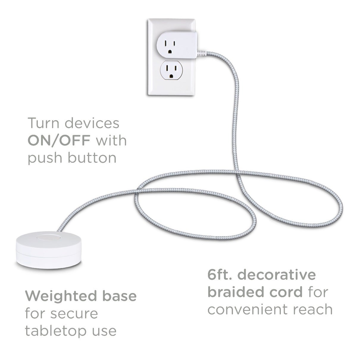 Cordinate 1-Outlet Tabletop Switch with 6ft. Braided Extension Cord, White/Gray