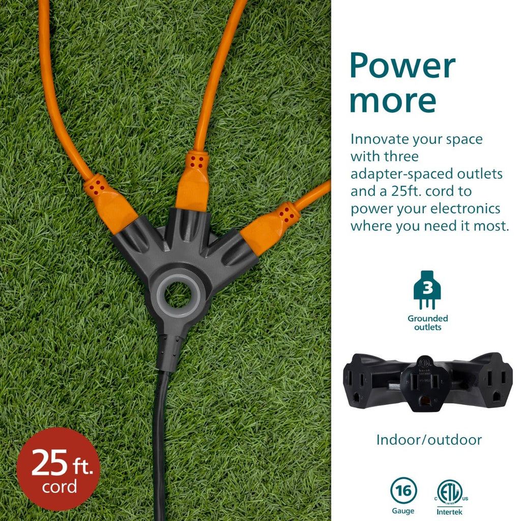 Philips EZGrip™ 3-Outlet 25ft Indoor/Outdoor Extension Cord, Black
