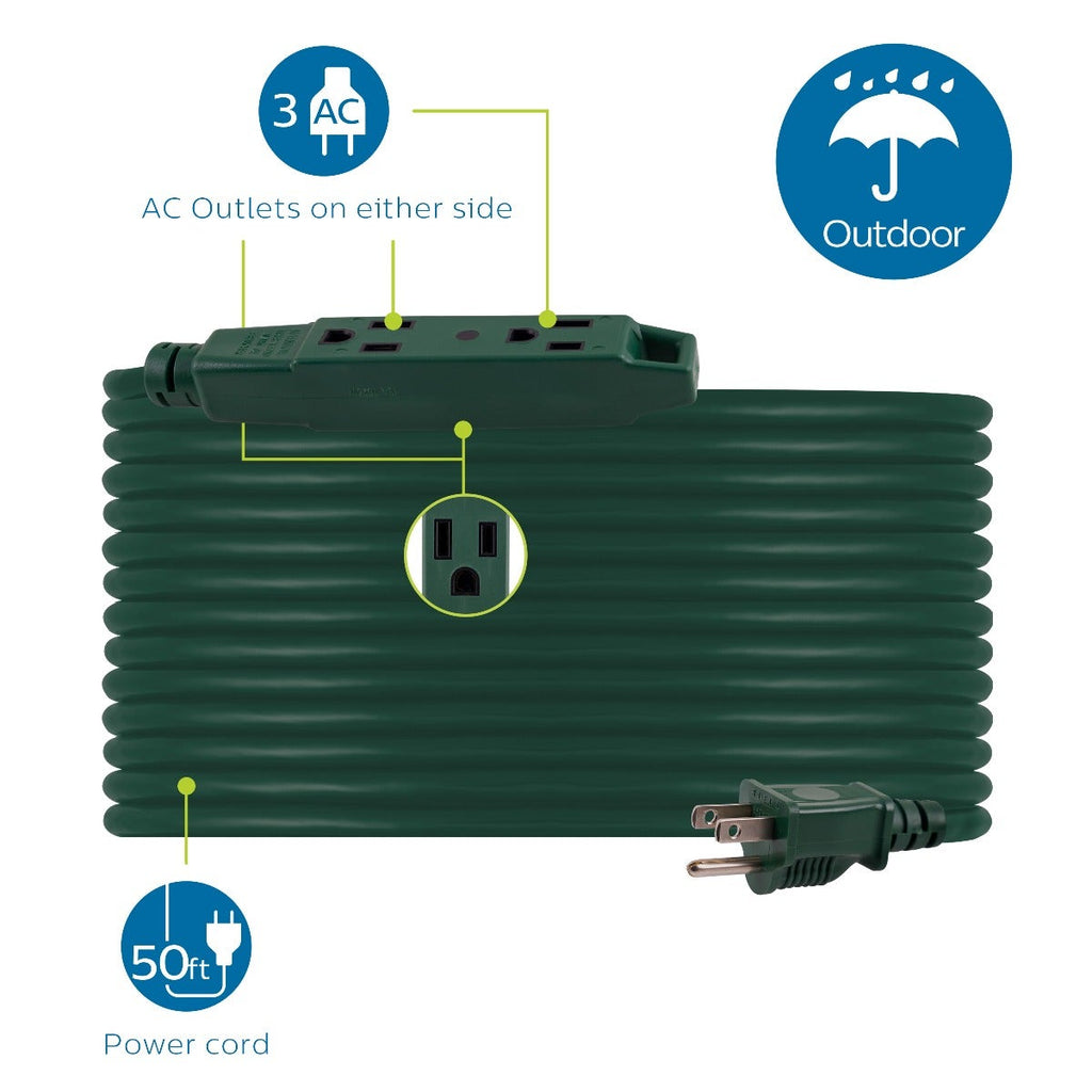 Philips 3-Outlet 25ft. Outdoor Extension Cord with Power Block, Green
