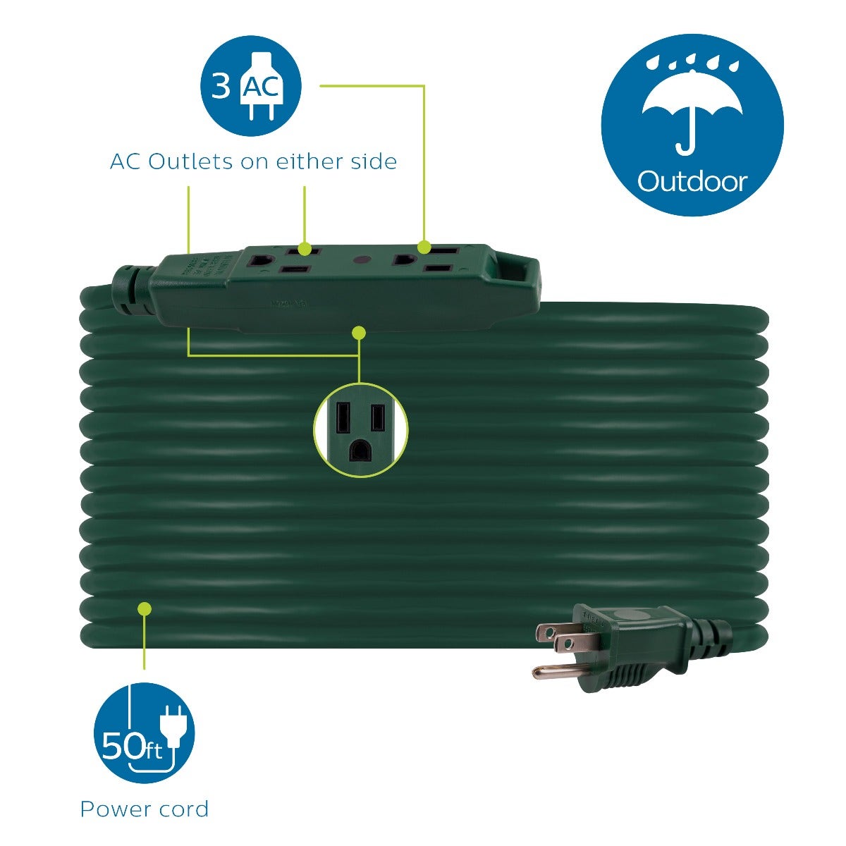 Philips 3-Outlet 25ft. Outdoor Extension Cord with Power Block, Green