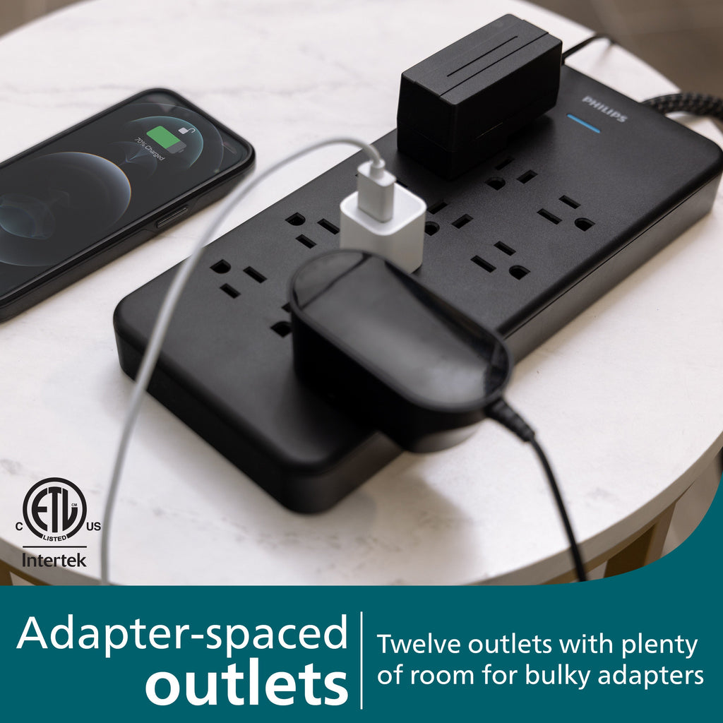 Philips 12-Outlet 6ft. Surge Protector with Adapter-Spaced Outlets, Black