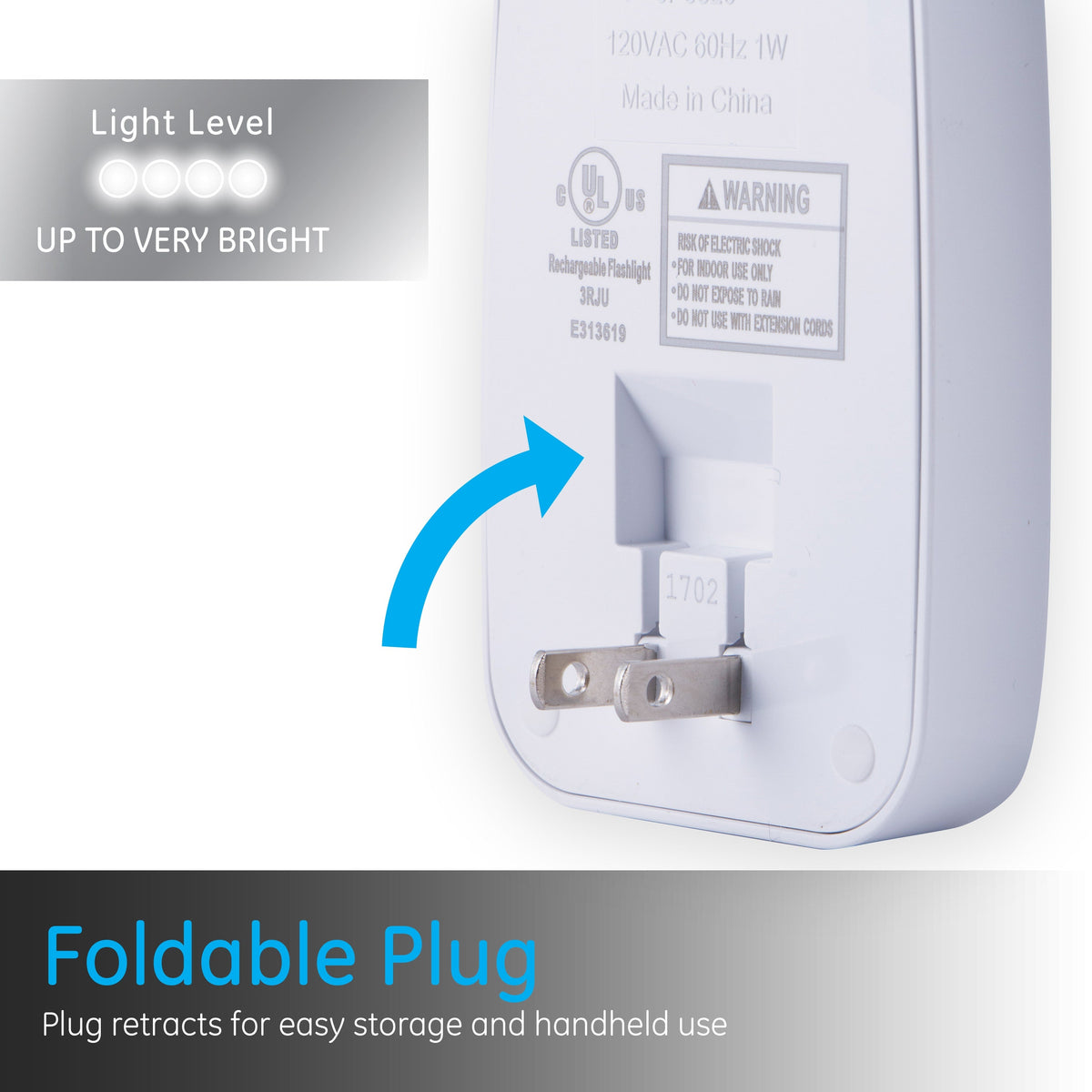 GE 4-in-1 Rechargeable Power Failure Light Sensing LED Night Light, White