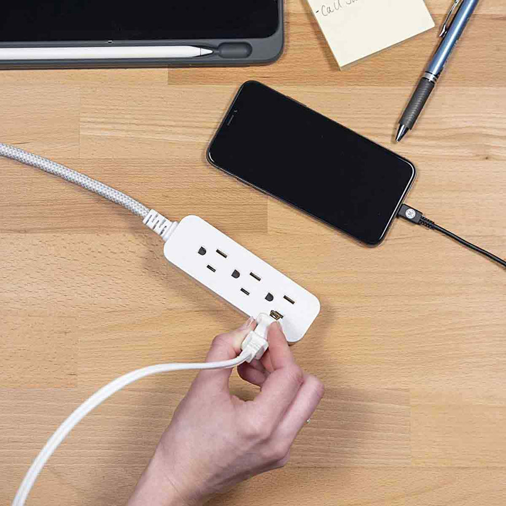 GE 3-Outlet 1ft. Mini Braided Extension Cord with Flat Plug, White/Gray