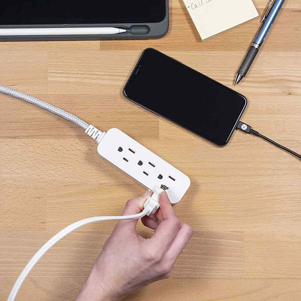 GE 3-Outlet 1ft. Mini Braided Extension Cord with Flat Plug, White/Gray