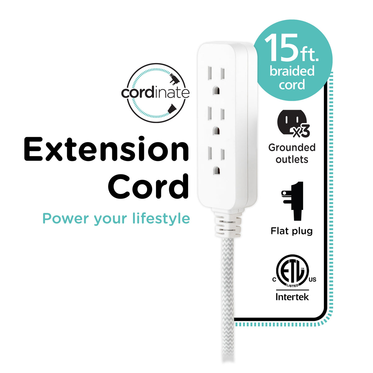 Cordinate 15ft. 3-Outlet Indoor Extension Cord, Gray/White