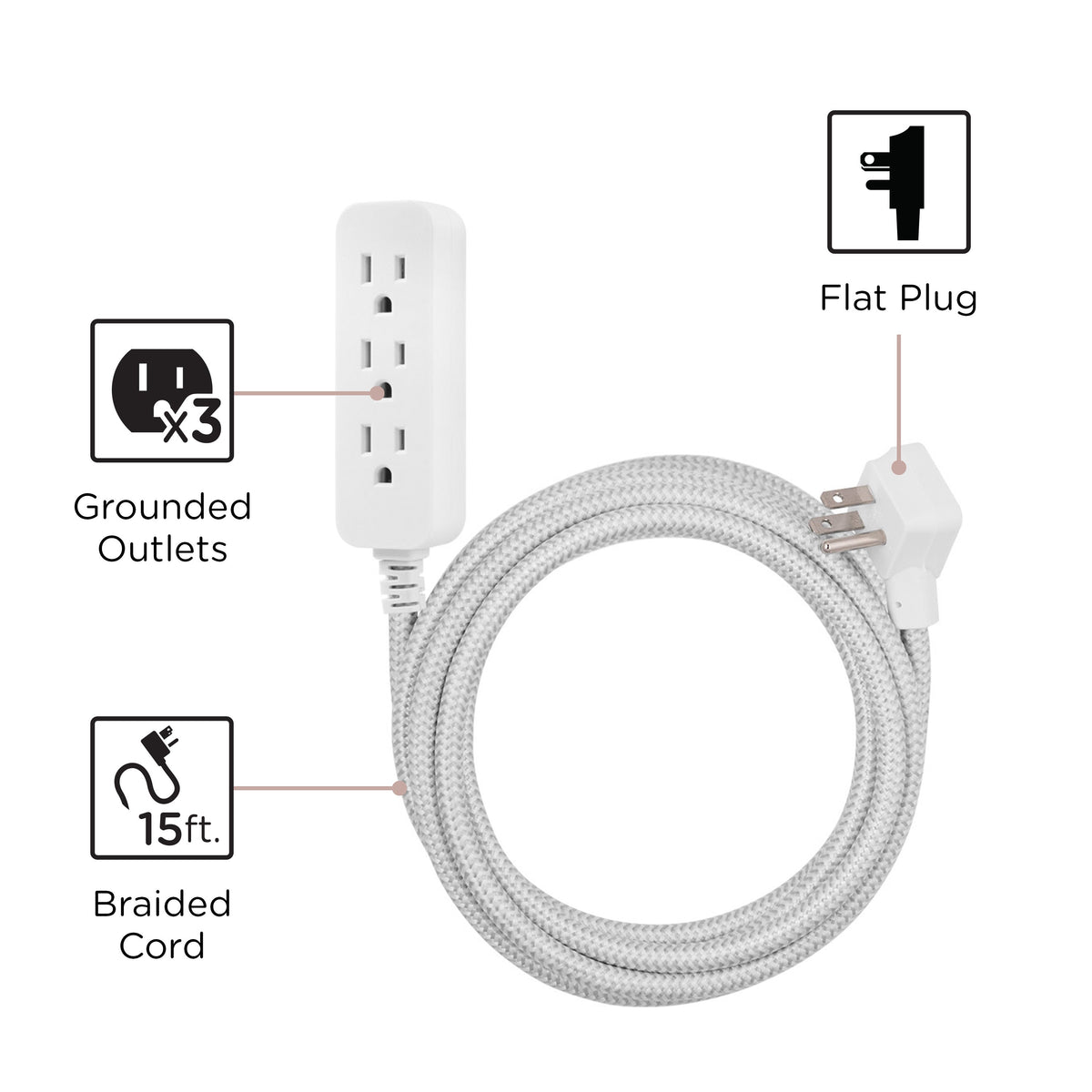 Cordinate 15ft. 3-Outlet Indoor Extension Cord, Gray/White
