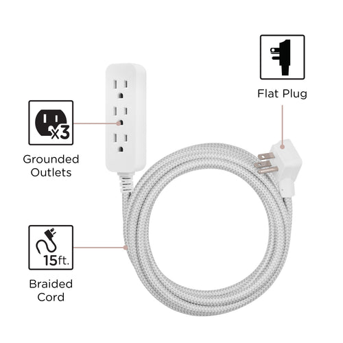 Cordinate 15ft. 3-Outlet Indoor Extension Cord, Gray/White