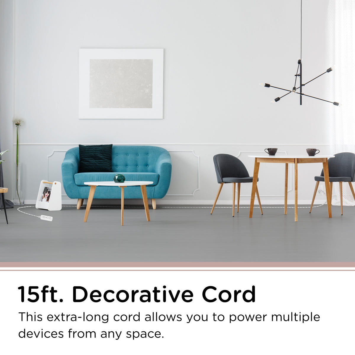 Cordinate 15ft. 3-Outlet Indoor Extension Cord, Gray/White