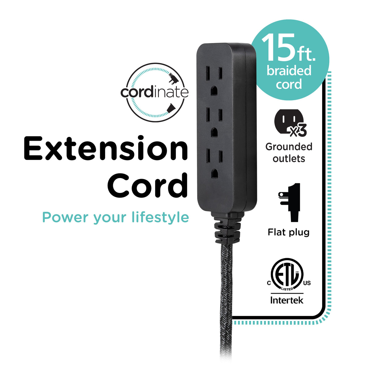Cordinate 15ft. 3-Outlet Extension Cord, Black Heather