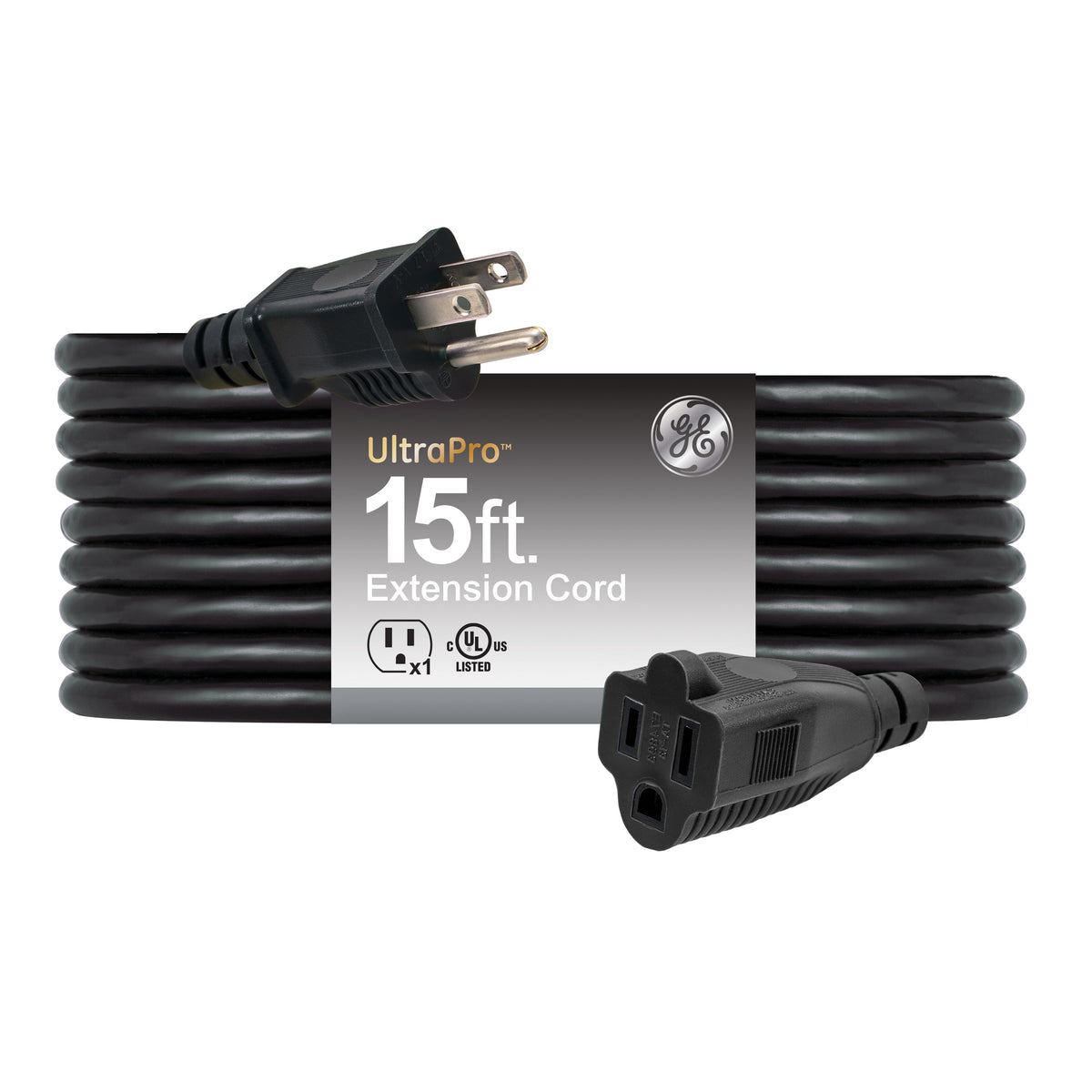 GE Grounded Extension Cord, 15ft., Outdoor, Black, 16-Gauge
