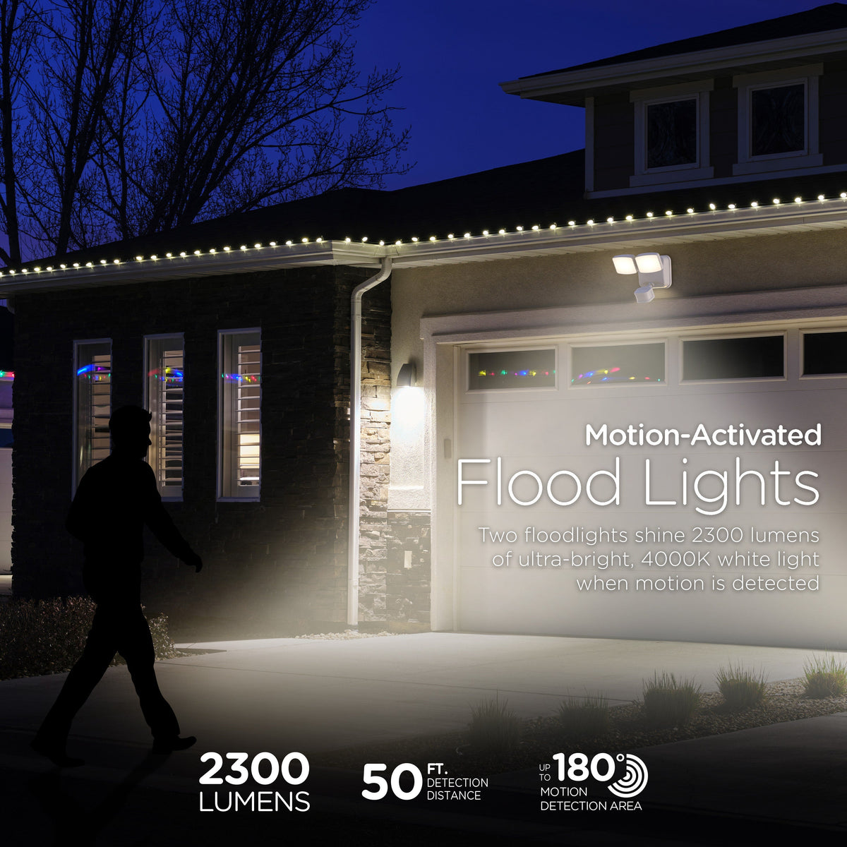 Enbrighten Outdoor 2-Head Motion-Sensing Security Light with LED Night Light, White