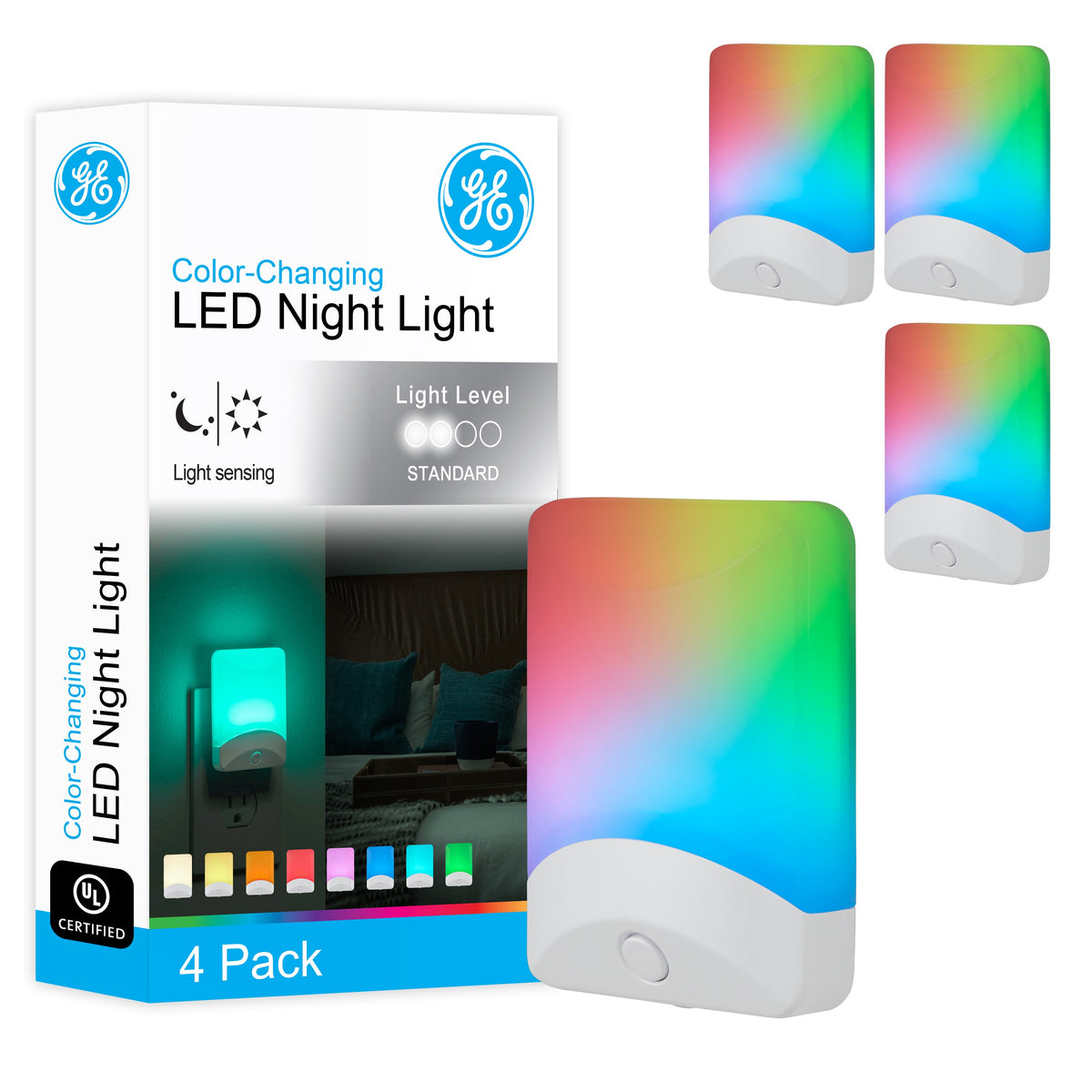 GE Color-Changing LED Night Light, Light Sensing, White, 4 Pack