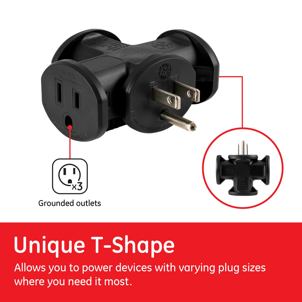 GE 3-Outlet Heavy-Duty 3-Outlet Tap Adapter, Black